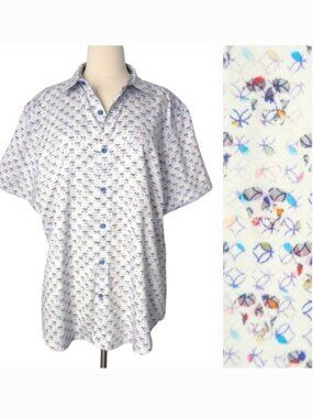 NWOT Robert Graham White Blue Skull Faces Button-Down Short-Sleeve Shirt- Men XL